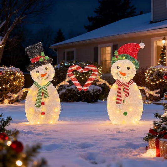 Outdoor Christmas Decorations, Light Up Snowman Couple, 32 Inch, Warm White LED Lights, Christmas Yard Decorations with 80 LEDs, 2M Cord, Weather-Resistant