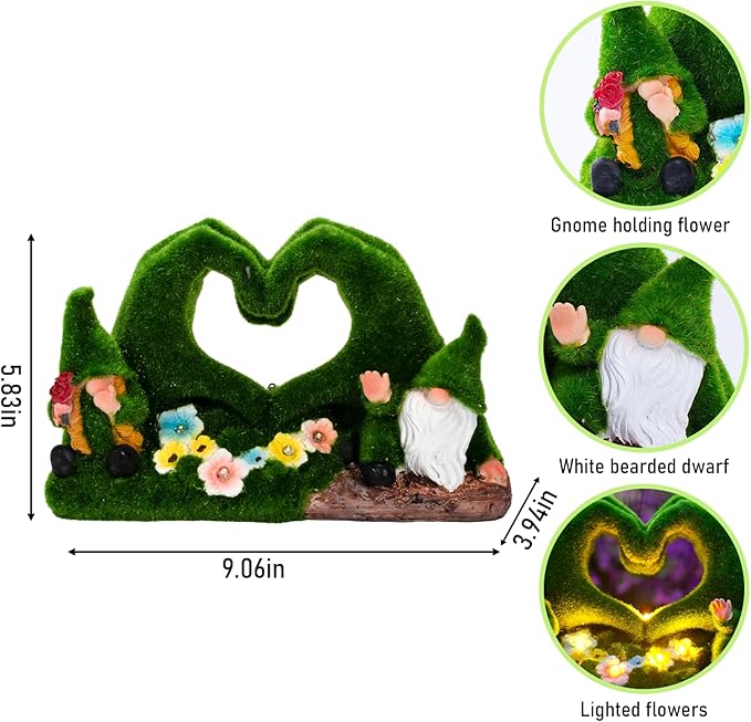 Solar Garden Gnome Decor Heart-Shaped Fairy Tale Outdoor Statue, Gifts for Women Mom Grandma Senior Elder, Green Resin Flocked Gnomes Decoration for Lawn, Patio, Yard