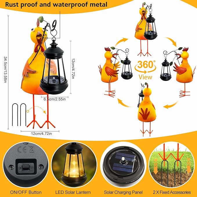 Garden Decor Bee Solar Statues,Unique Garden Statues Chicken with Solar Lantern Waterproof, Birthday Gifts for Women Mom Grandma, Front Patio Balcony Yard Art Lawn Ornaments Porch Outdoor Decoration