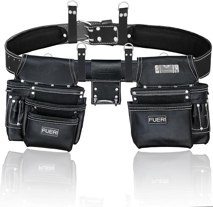 FUERI Leather Tool Belt 17 Pocket Pouches Bags Men Suspenders Holder Organizer for Carpenter Construction Electrician - Black