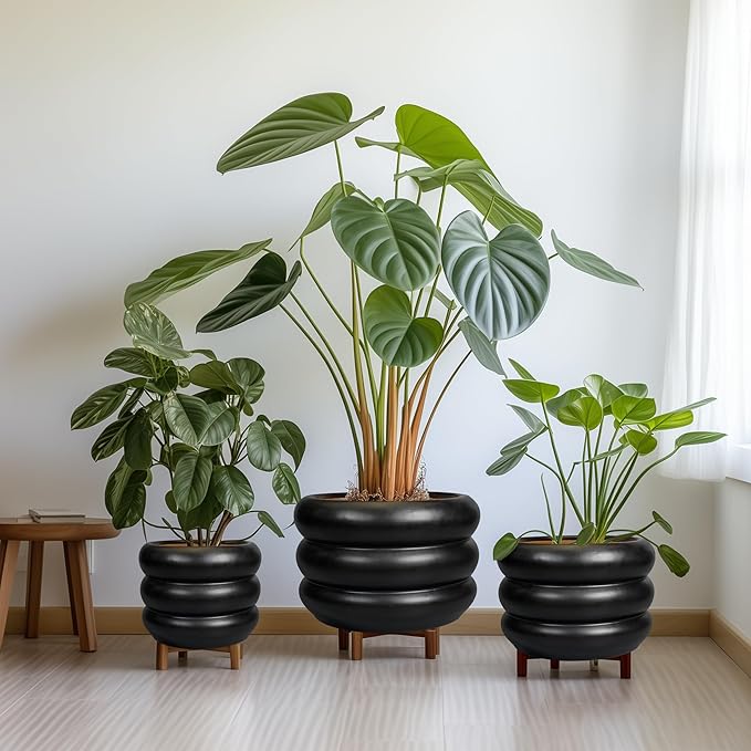 SQOWL Ceramic Flower Pot 13.5 Inch - Large Planter for Indoor Plants Outdoor Plant Pot with Drainage Hole Round Planter Mid-Century Flower Pot for Porch Living Room Decor Black