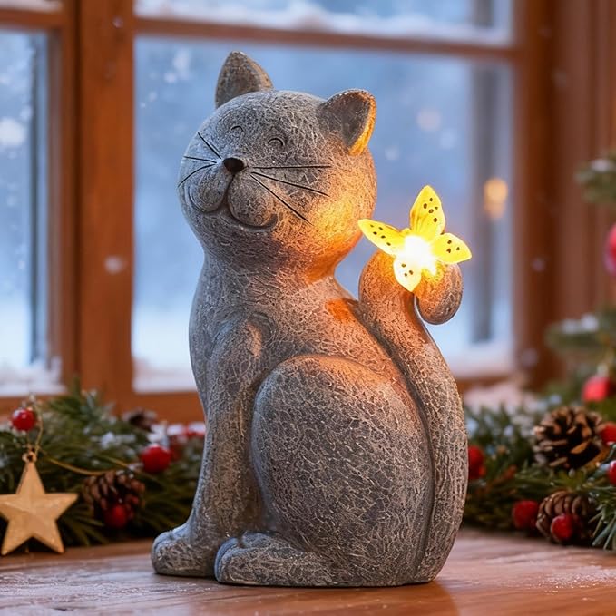 Garden Decor Cat Statues: Outdoor Sculptures with Glowing Butterfly for Lawn Ornaments Yard Art Porch Patio Balcony - Gifts for Mom Grandma Women