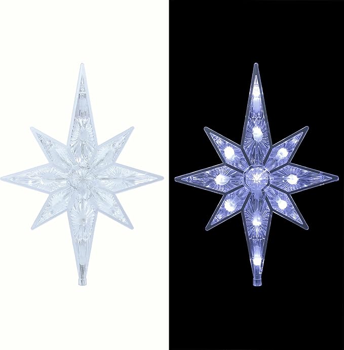 Alpine Corporation 13" H Snowflake 8-Point Tree Toppers with 31 Cool White LED Lights, Christmas Decoration