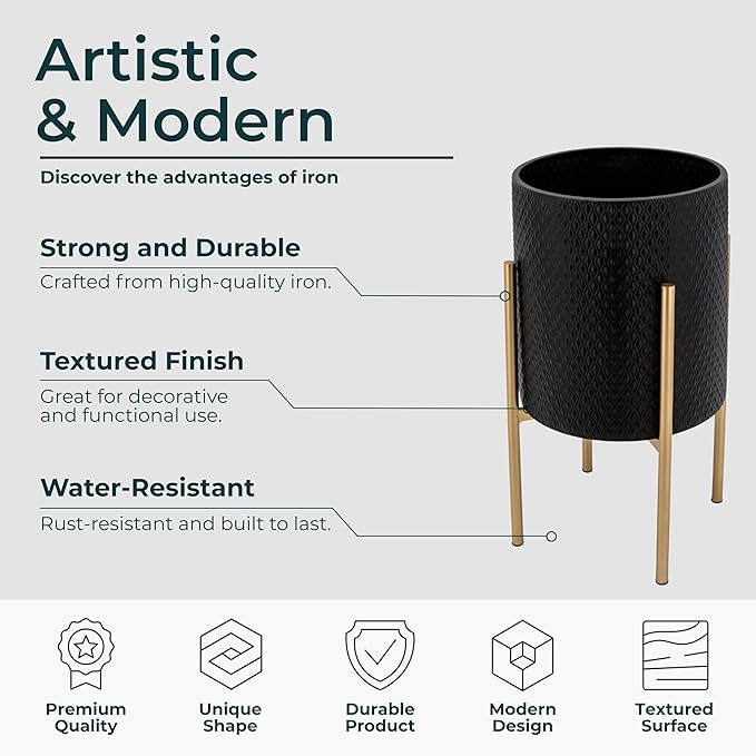 Set of 2 Metal Decorative Planter Pot with Gold Stand – Outdoor & Indoor Plant Pot with Embossed Textured Finish – Modern Garden & Home Decor Iron Planters – 23" & 19", Black