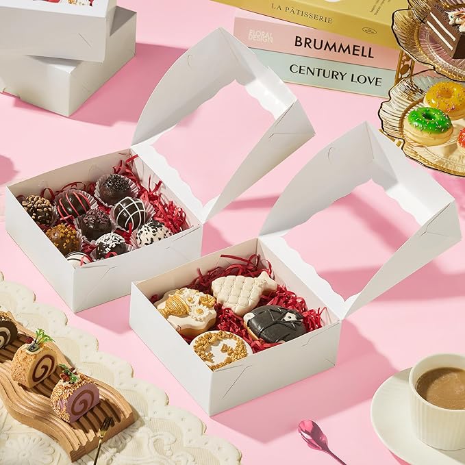 55pcs 6"x6"x2.5" Bakery Boxes with Window -Chocolate Covered Strawberries, Small Cake, Cookie, Macaron, Pie & Cakesickle Truffle Chocolate Boxes