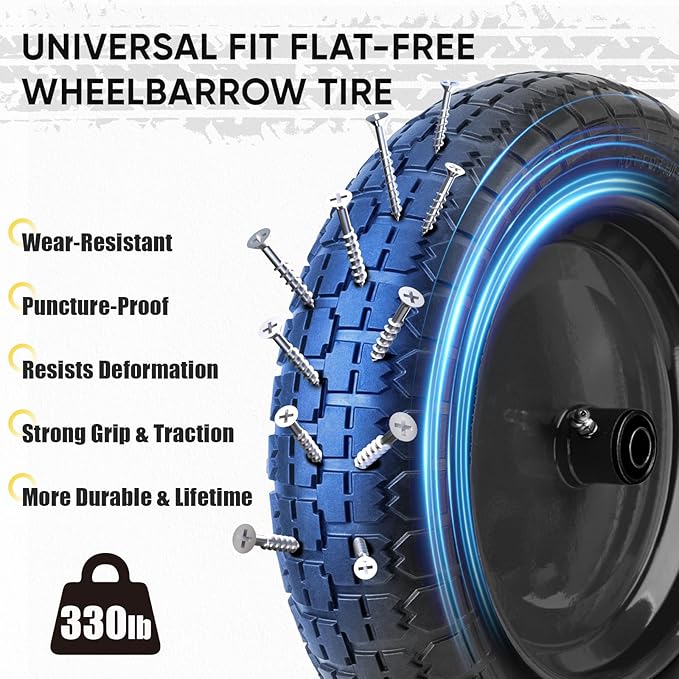 TICONN 4.80/4.00-8 Tire, 14.5" Flat Free Wheelbarrow Tire and Wheel, Solid Replacement Tires, 5/8" 3/4" Bearings, Universal Fit 4.80/4.00-8, 3.50/3.00-8, 4.00-6 (14.5" Black, 4PK)