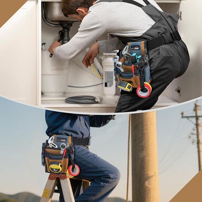 MELOTOUGH Electrician Tool Pouch with Belt Clip, 2 Inch Heavy Duty Work Belt Set for Men, Utility 13 Pockets Tool Pouch for Contractors & Roofing, Adjustable Carpenter Organizer Set