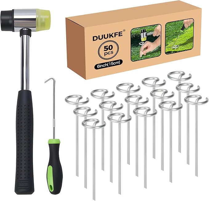 50pcs Landscape Fabric Staples 6 Inch, Galvanized Circle Top Landscape Pins Landscape Fabric Staples Garden Stakes Staples with Pick Hook Mallet for Weed Barrier Tent Stakes Outdoor Decor