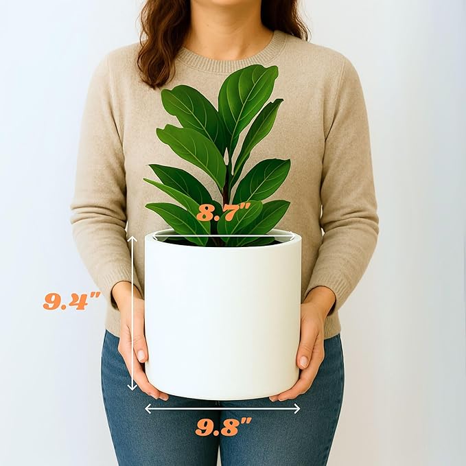 Fox & Fern 10 Inch Plant Pot with Hidden Saucer — Premium Lightweight Fiberstone Matte White Self Watering Planter with Seamless Saucer; Indoor & Outdoor Use; Weather Resistant & UV Resistant