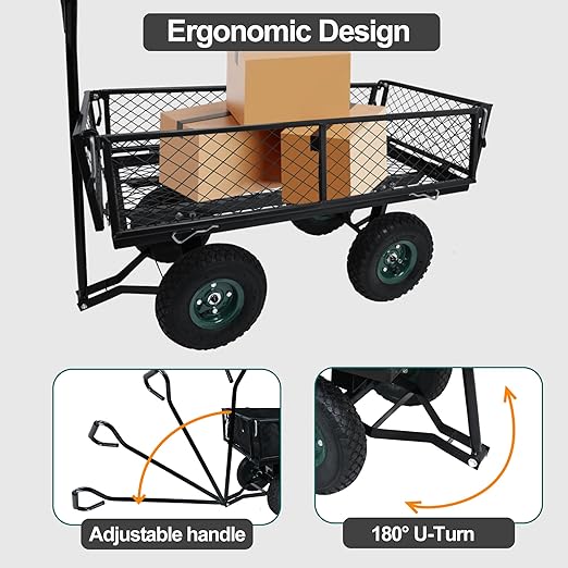 Elevon Heavy Duty Utility Wagon Cart, Black with Removable Mesh Sides, 400 LBS Capacity for Home Improvement, Hauling Supplies & Outdoor Use