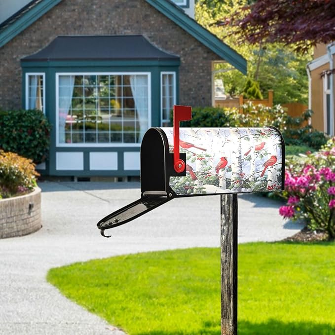 SUABO Mailbox Cover Red Cardinals Perched Standard Magnetic Mailbox Covers Wraps for Christmas Home Yard Garden Decor