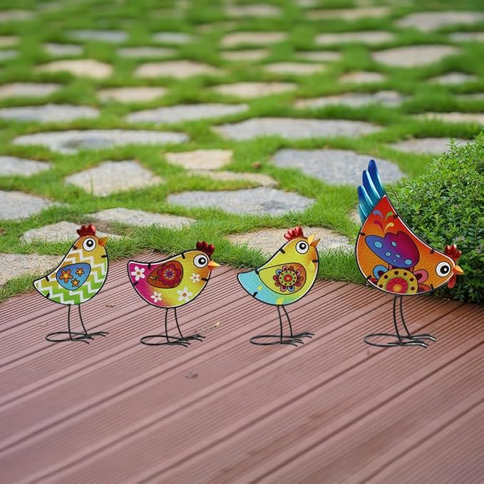 4 Pack Chicken Garden Decor for Outside, Rooster Glass & Metal Yard Art Decoration for Porch Patio, Bird Garden Statues Gifts for Grandma Mom Women (Colorful)