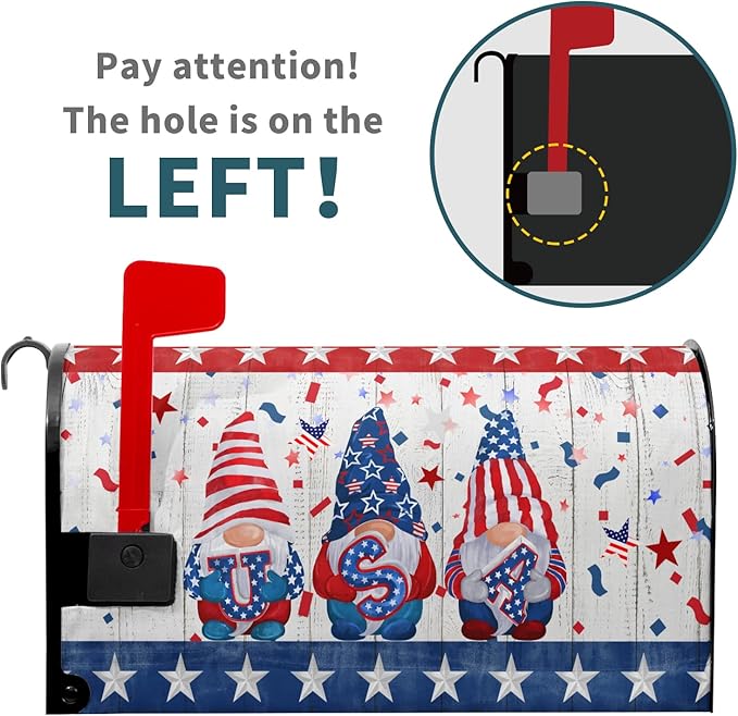 Patriotic Gnomes Mailbox Cover Magnetic 4th of July Elf USA Stars Independence Day Mailbox Wrap Post Cover Large Size 25.5"x21" for Garden Yard Outdoor Outside Holiday Decor