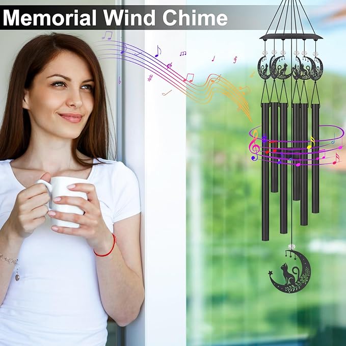 Wind Chimes for Outside,Sympathy Garden Decor Gifts for Women Mom and Grandma,Christmas Windchime in Loving Memory Outdoor Decoration for Yard, Patio, Porch, Lawn, Landscape,Halloween(Cat)