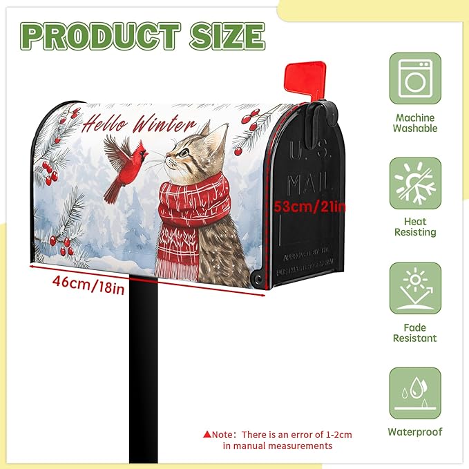 Hello Winter Cat Mailbox Cover Cardinal Bird Mailbox Covers Magnetic Snow Snowflake Post Letter Box Cover Standard Size 21x18 inch for Garden Outdoor Yard Decor
