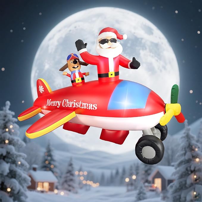 8FT Christmas Inflatables Airplane Outdoor Decorations Santa Claus on Flying Animated Helicopter Built-in LED Lights Xmas Inflatable Blow Up Christmas Yard Decor for Gardern Lawn Indoor Winter Holiday