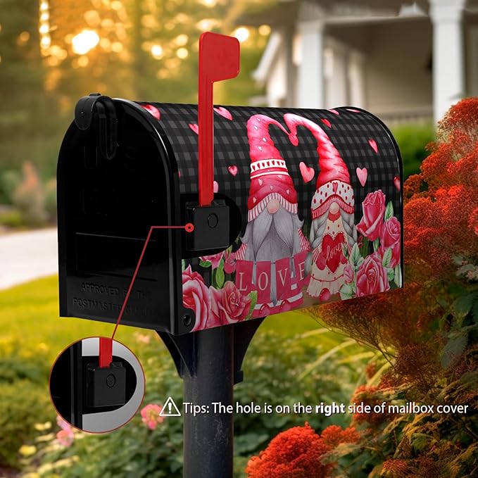 Valentine's Day Gnomes Mailbox Cover - Love Hearts Magnetic Mailbox Covers Red Rose Buffalo Plaid Humor Letter Post Box Wrap Standard Size 18" X 21"