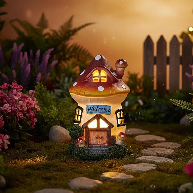 Garden Outdoor Figurines Statue with Solar Lights,Solar Mushroom House Decorations for Yard Outdoor Garden, Patio Yard Lawn, Gifts for Girls Birthday Housewarming Mother's Day (Mushroom House)
