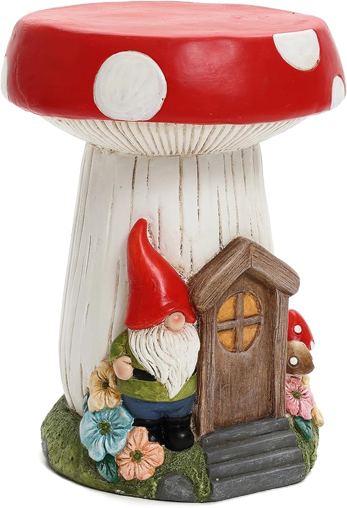 LuxenHome Gnome Garden Statue,17'' Mushroom House Statue, Outdoor Side Table, Plant Stand for Balcony, Gift, Large Garden Ornaments Yard Decor, Fairy House, Patio Side Table, Sculpture, Drum Stool