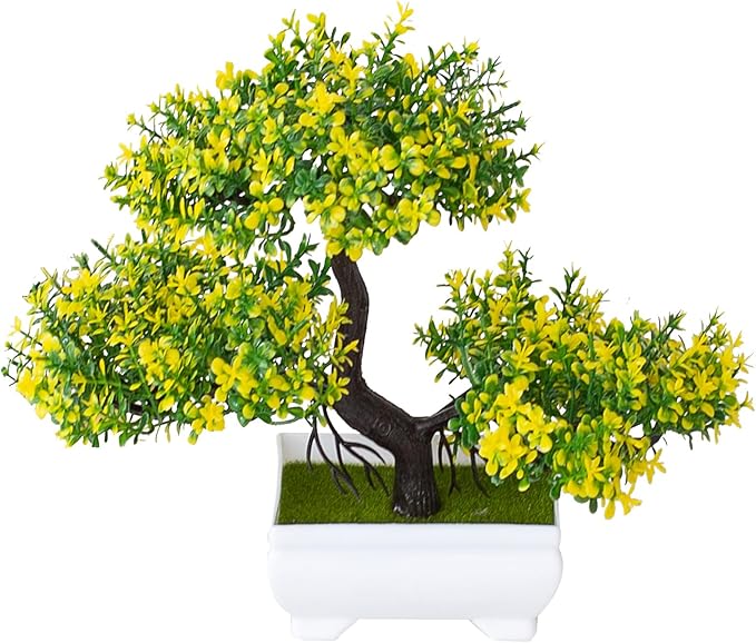 Mini Artificial Bonsai Tree Plants Artificial Plant Welcome Pine Tree with Plastic Cement Pots for Home Office Décor (Yellow)