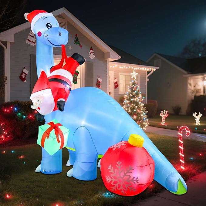 10FT Christmas Inflatable Outdoor Decorations, Inflatable Dinosaur and Santa Claus Built-in LED Lights Blow Up Yard Decorations for Holiday Indoor Outdoor Party Garden Lawn