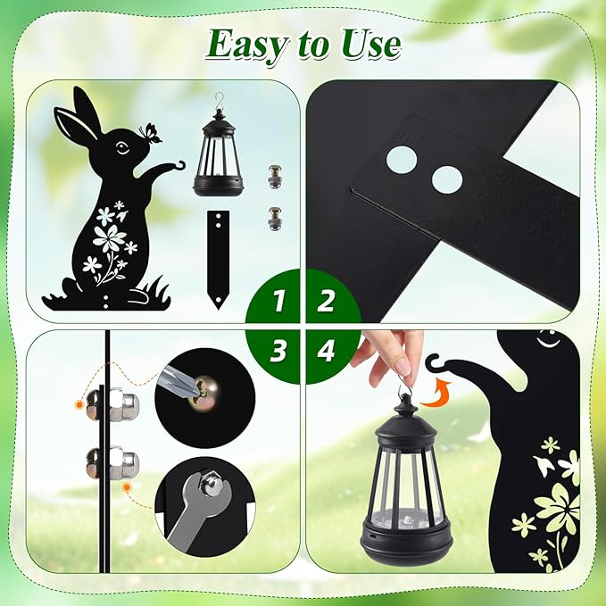 Bunny Solar Garden Stakes, Rabbit Silhouette Decorative with Solar Lantern, Metal Garden Decor for Yard,Lawn,Pathway