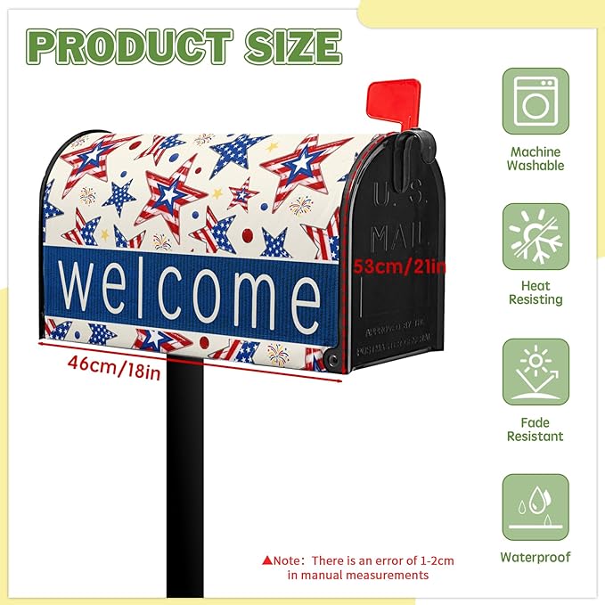 Welcome Star Mailbox Magnetic Covers 4th of July Mailbox Cover Patriotic Post Letter Box Cover Wrap Fourth of July Mail Box Decorations for Outside Garden Standard Size 21x18 in