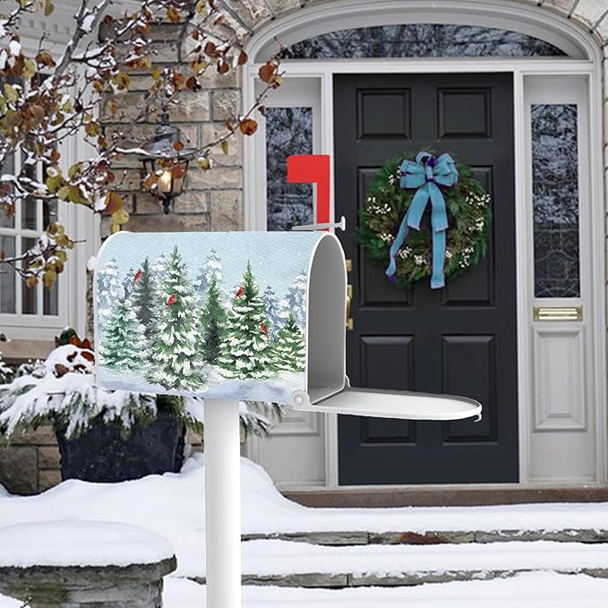 Winter Pine Trees Mailbox Cover Magnetic Standard Size 20.5" x 18", Snowy Forest Cardinal Decorative Post Letter Box Wrap Decor, Woodland Christmas Seasonal Garden Yard Outdoor Decoration