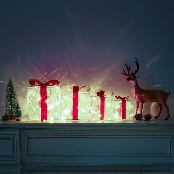 Christmas Lighted Gift Boxes, Pre-lit Lights Gift Boxes Set of 4, Light up Present Boxes Set Battery Operated with Different Sizes for Holiday Indoor Outdoor Decorations(Cool White)