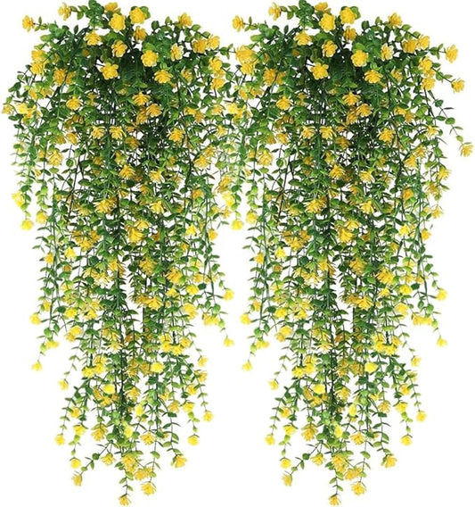 WEISPARK Artificial Hanging Flowers, 4pcs Fake Eucalyptus Vine Faux Flower Greenery Garland Plastic Plants for Indoor Outdoor Wall Garden Wedding Home Party Decor (Yellow)