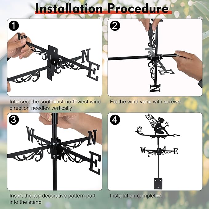 Fairy and Flower Weather Vane, Black Metal Weathervane Roof Mount, Wind Direction Indicators Wind Measuring Tool Outdoor, Wind Vane Ornament Decoration for Shed Garden Yard Farmhouse Patio Decor