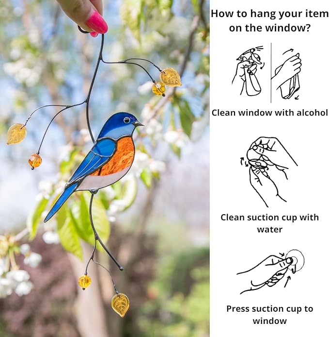 Gift Birds Handmade Stained Glass Suncatcher Genuine Stained Glass Window Hangings Unique Indoor Ornament & Outdoor Decor (Bluebird)