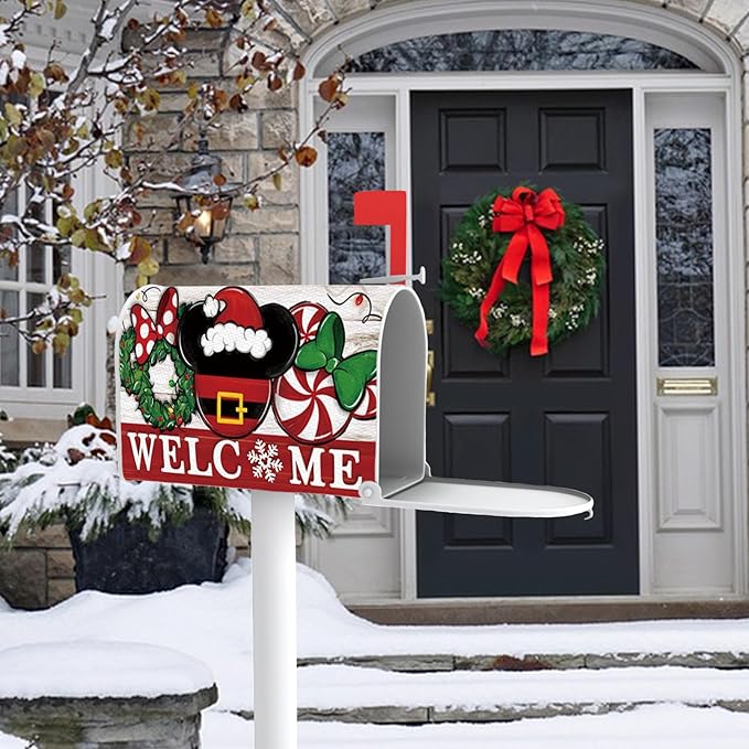 Welcome Christmas Santa Mailbox Cover Magnetic Standard Size 20.5" x 18", Xmas Peppermint Candy Wreath Decorative Post Letter Box Decor, Farmhouse Holiday Garden Yard Outdoor Decoration