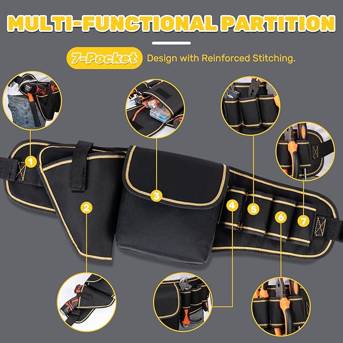 Tool Belts for Men with Adjustable Waist Strap – Heavy Duty Utility Pouch with Multiple Pockets for Electricians, Carpenters, DIY Projects – Durable Oxford Construction Tool Organizer