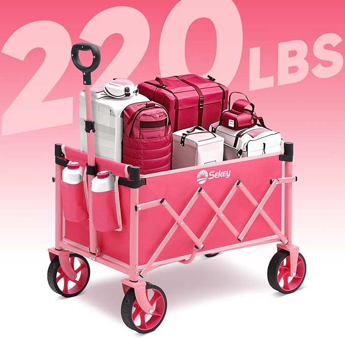 Sekey Wagon Cart with Wheels with 220LBS Capacity,Heavy Duty Wagon Carts Foldable with Drink Holders,Lightweight Utility Portable Cart for Grocery, Shopping, Garden, Camping. Pink