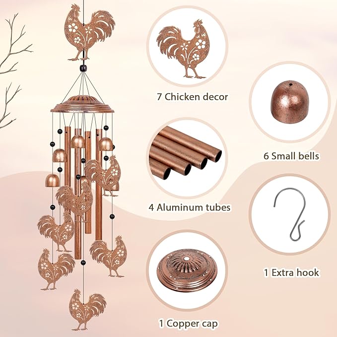 YHmall Chicken Wind Chimes for Outside, 35" Chicken Gifts for Women Mom Men Dad Grandma Grandpa, Rooster Decor Windchimes Outdoors for Patio Home Garden Decorations