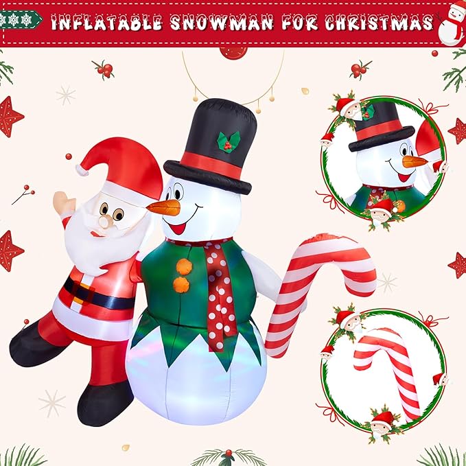 CAMULAND Christmas Inflatable, 6FT Inflatable Snowman and Santa Claus with Built-in LED Lights, Outdoor Christmas Decorations Blow-up Decor for Yard, Garden and Party