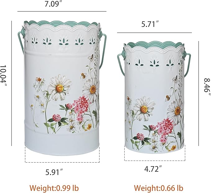 Set of 2 Vintage White Metal Flower Pots, Decorative Floral Buckets Distressed Iron Vases Farmhouse Planters for Dried Flowers, Faux Plants, Home Garden Decor (Flower)