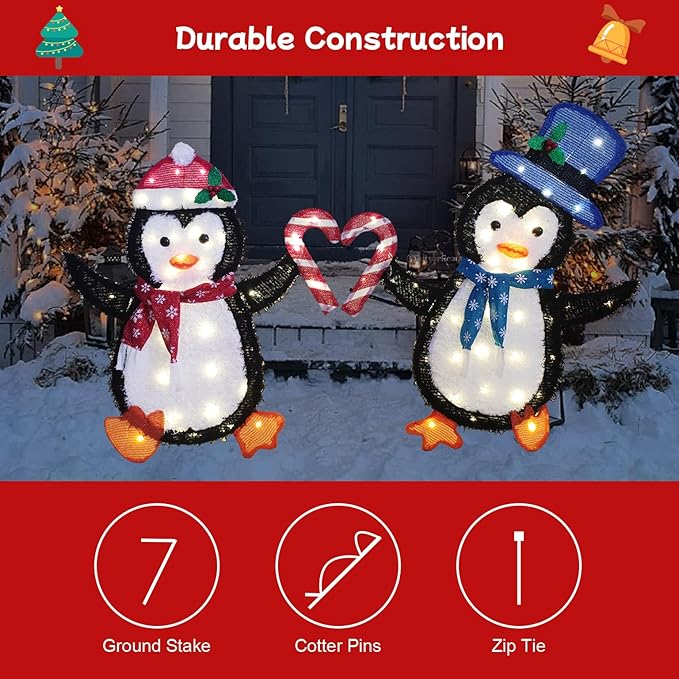 Christmas Decorations Penguin Heart String Lights 40L+40L - 30" 32" H Outdoor Fairy Lights with Transformer, 2M Plug-in Cord, Warm White - for Garden, Yard, Patio,