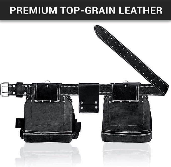 FUERI 16 Pocket Leather Tool Belt for Men, Comes with Heavy Duty Tools Pouches, 3 Hammer holders, Adjustable Belt, Carpenter tool Organizer for Carpenter, Construction, Electrician Rig.