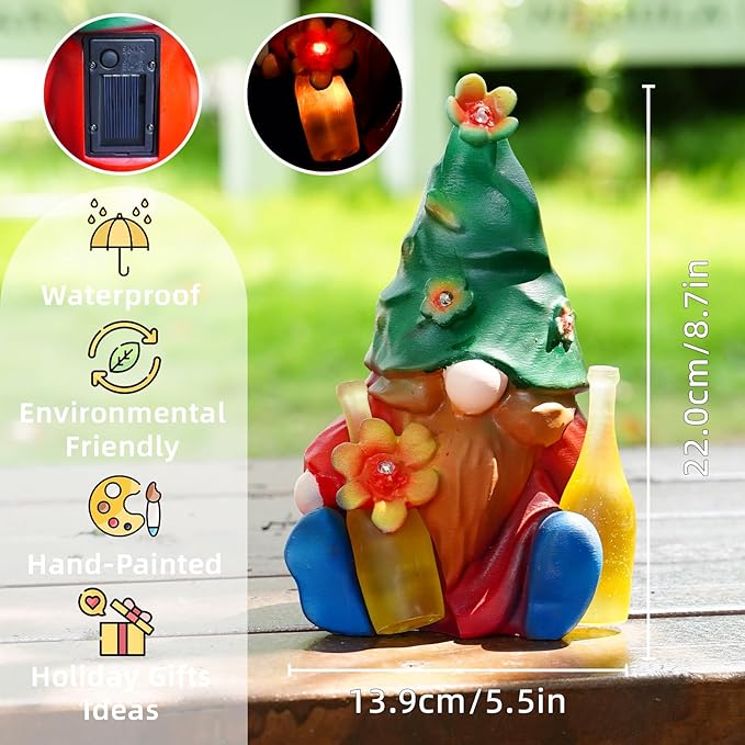 Solar Garden Statues Lights, 8.5" Christmas Outdoor Gnome Figurine with Auto On/Off for Yard Patio Decor, Gifts for Women, Grandma, Mom, Housewarming (Tipsy Bloom Gnome)