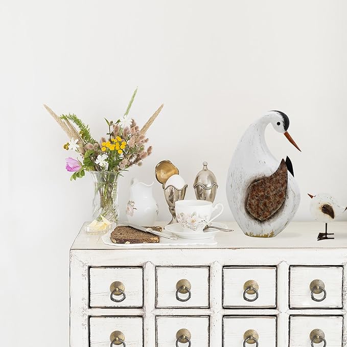 Aecipl Wood Bird Statue Standing Seagull Nautical Decor Coastal Birds Sculpture Indoor Outdoor Animal Figurine Beach Themed Decoration Rustic Home Art for Bedroom Garden (B, L)
