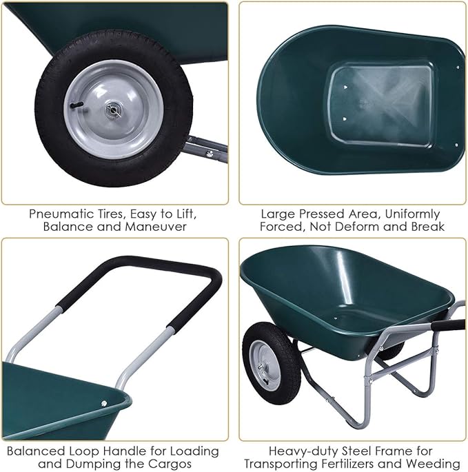 IRONMAX Garden Dual-Wheel Wheelbarrow, Heavy Duty Utility Yard Cart w/ 2x14’’ All-Terrain Wheels & Built-in Stand, Wheel Barrow for Lawn, Yard, Farm, Gardening & Planting (Green)