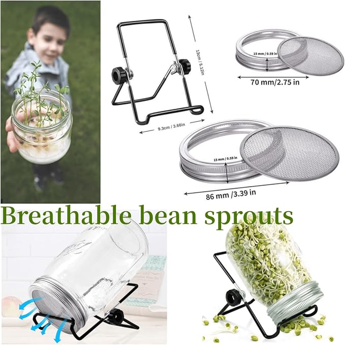 Lulonpon 4 Sprouting Jar Kit, Wide Mouth Quart Mason Jars with Stainless Steel Screen Sprout Lids, 86mm,1000ml,Stand,Tray and Canning Brush,Seed Sprouter Set for Growing Broccoli, Alfalfa, Mung Bean