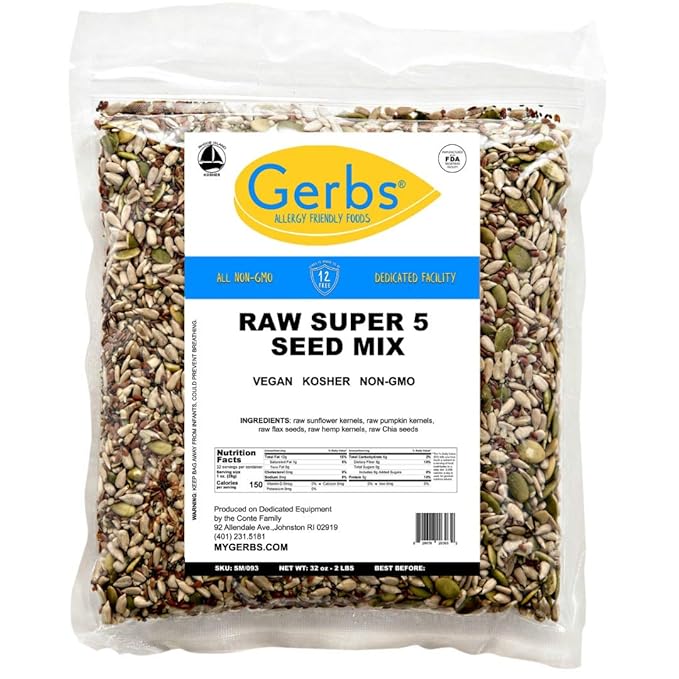 Gerbs Super 5 Seed Snack Mix 2 lbs. | Raw, No Artificial Additives, Resealable Bag | Crunchy Pumpkin, Sunflower, Flax, Chia & Hemp Blend | Top 14 Allergen-Free