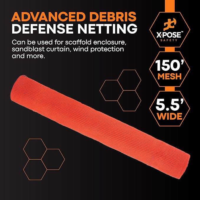 Xpose Safety Construction Safety Debris Netting - 150 Ft Temporary Material Roll, 1/4" Mesh Scaffold Net Enclosure, Visibility Barrier, Fencing Roll, Heavy Duty Fire Retardant 5.5 ft x 150 ft, Orange