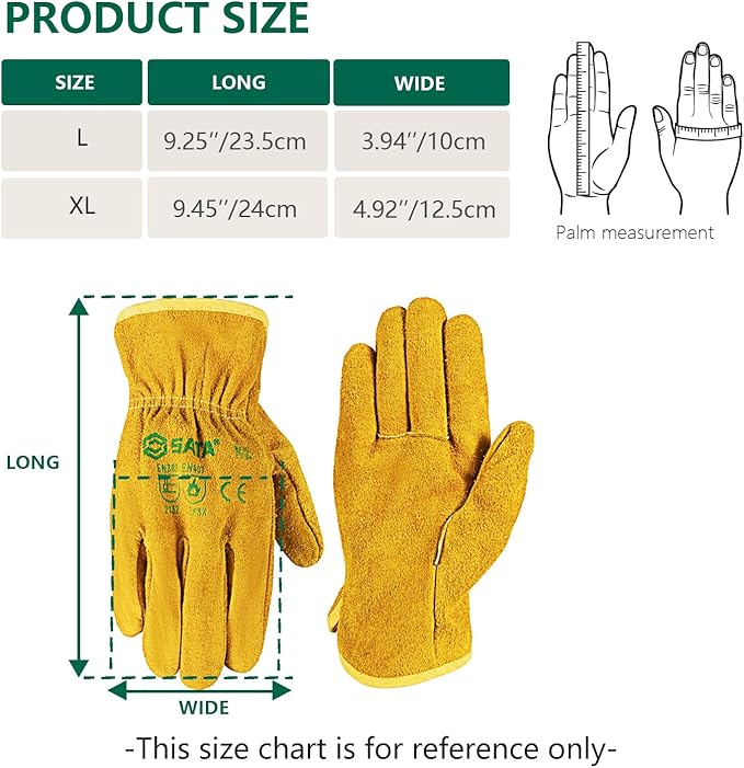 SATA 1 Pack Full Leather Gloves, Mechanics Work Gloves, Cow Split Thin Core Leather, Oil Proof Cut Proof Gardening Gloves