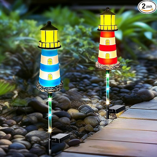 Solar Lighthouse Outdoor Decor (2PACK) Ideal for pathway lighting in gardens, walkways, and patios. Enhances garden, lawn, planter, backyard, and courtyard decor. Nautical-Style Outdoor Solar Lights