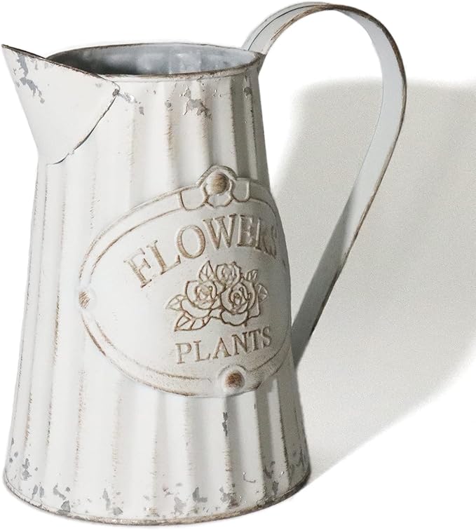Galvanized Pitcher Antique Watering Can Retro Jug Metal Vase Rustic Vintage Primitive Pitcher Farmhouse Country Plant for Home Office Decor, 8.0”