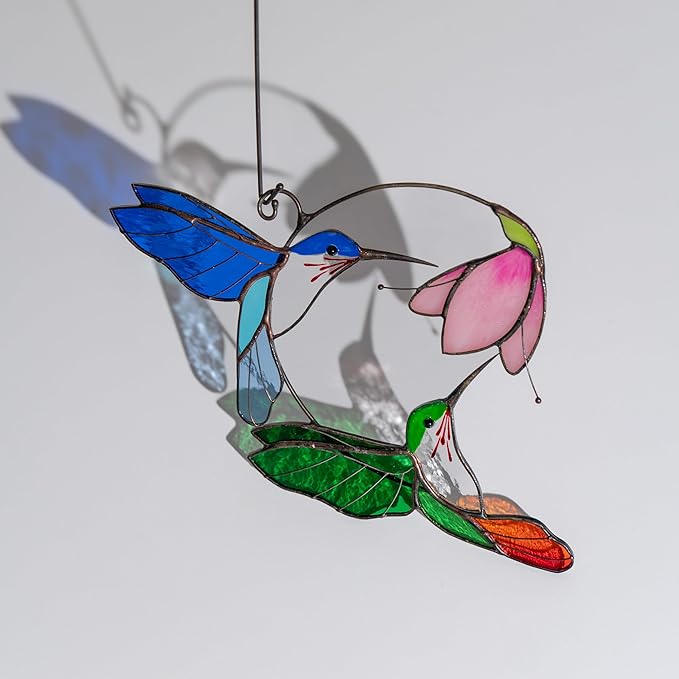 Hummingbird Cardinal Birds Stained Glass Suncatcher Genuine Stained Glass Window Hangings Unique Indoor Ornament & Outdoor Decor (Pair Flying Hums)